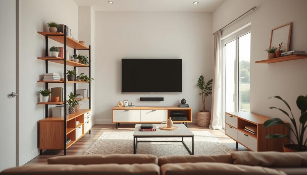a cozy and well-organized small living room with various storage solutions. the foreground features a wall-mounted shelving unit with neatly arranged books, potted plants, and decorative items. the middle ground showcases a minimalist coffee table with hidden storage compartments, and a low-profile media console beneath a wall-mounted tv. the background depicts a large window allowing natural light to flood the space, illuminating the soft neutral color palette and creating a warm, inviting atmosphere. the overall composition emphasizes efficient space utilization and a clutter-free, harmonious design. high-quality, wide-angle shot with a shallow depth of field. a cozy and well-organized small living room with various storage solutions. the foreground features a wall-mounted shelving unit with neatly arranged books, potted plants, and decorative items. the middle ground showcases a minimalist coffee table with hidden storage compartments, and a low-profile media console beneath a wall-mounted tv. the background depicts a large window allowing natural light to flood the space, illuminating the soft neutral color palette and creating a warm, inviting atmosphere. the overall composition emphasizes efficient space utilization and a clutter-free, harmonious design. high-quality, wide-angle shot with a shallow depth of field.