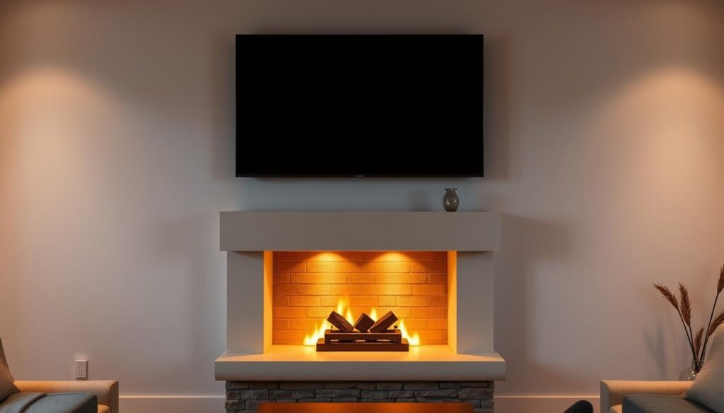 a cozy living room interior with a modern fireplace and a sleek, minimalist TV mounted above it, bathed in warm, soft lighting that creates a inviting and relaxing atmosphere. The fireplace is made of natural stone or brick, with a simple mantel and a well-curated arrangement of decorative items on it. The TV is mounted flush against the wall, seamlessly integrated into the overall design. The room is furnished with comfortable, neutral-toned seating, and the overall aesthetic is one of understated elegance and functionality. a cozy living room interior with a modern fireplace and a sleek, minimalist TV mounted above it, bathed in warm, soft lighting that creates a inviting and relaxing atmosphere. The fireplace is made of natural stone or brick, with a simple mantel and a well-curated arrangement of decorative items on it. The TV is mounted flush against the wall, seamlessly integrated into the overall design. The room is furnished with comfortable, neutral-toned seating, and the overall aesthetic is one of understated elegance and functionality.