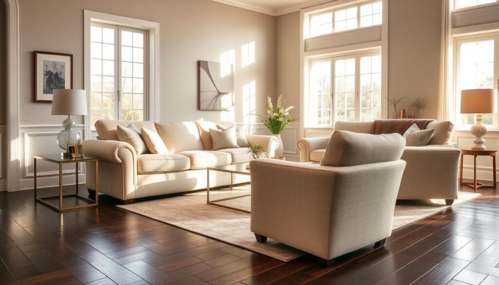 a cozy living room with high-quality, light-colored upholstered furniture, such as a plush sofa and armchair, placed against a backdrop of dark hardwood floors. The furniture features soft, textured fabrics in neutral tones like beige, ivory, or light gray, creating a harmonious contrast with the rich, dark flooring. The room is illuminated by natural light filtering through large windows, casting a warm, inviting glow. Subtle decorative accents, such as metallic or wooden side tables and minimalist wall art, complement the overall aesthetic. The scene exudes a sense of tranquility and elegance, showcasing how light-colored upholstery can balance and accentuate the beauty of dark floors. a cozy living room with high-quality, light-colored upholstered furniture, such as a plush sofa and armchair, placed against a backdrop of dark hardwood floors. The furniture features soft, textured fabrics in neutral tones like beige, ivory, or light gray, creating a harmonious contrast with the rich, dark flooring. The room is illuminated by natural light filtering through large windows, casting a warm, inviting glow. Subtle decorative accents, such as metallic or wooden side tables and minimalist wall art, complement the overall aesthetic. The scene exudes a sense of tranquility and elegance, showcasing how light-colored upholstery can balance and accentuate the beauty of dark floors.