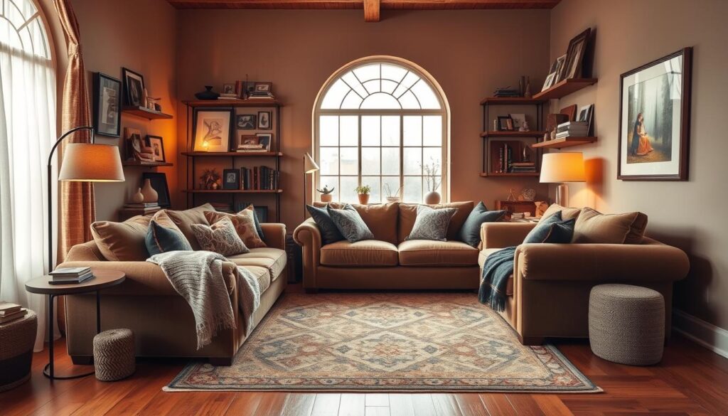 a cozy, multilayered living room with a plush, overstuffed sofa and armchair in a warm, earthy color palette. the room is illuminated by a large, arched window flooding the space with soft, natural light, and a stylish floor lamp casting a gentle glow. the walls are adorned with framed artwork and decorative shelves displaying an array of personal trinkets and books. plush, textured throw blankets and pillows add to the inviting, layered ambiance. the wooden floors are covered by a large, patterned area rug, tying the space together. the overall atmosphere is one of comfort, relaxation, and refined sophistication. a cozy, multilayered living room with a plush, overstuffed sofa and armchair in a warm, earthy color palette. the room is illuminated by a large, arched window flooding the space with soft, natural light, and a stylish floor lamp casting a gentle glow. the walls are adorned with framed artwork and decorative shelves displaying an array of personal trinkets and books. plush, textured throw blankets and pillows add to the inviting, layered ambiance. the wooden floors are covered by a large, patterned area rug, tying the space together. the overall atmosphere is one of comfort, relaxation, and refined sophistication.