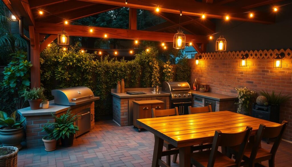 a cozy outdoor kitchen setting with warm, ambient lighting illuminating the space. a brick or stone patio with a built-in grill or smoker, surrounded by lush greenery and potted plants. hanging string lights or lanterns cast a soft, golden glow, creating a inviting and intimate atmosphere. a wooden dining table or bar with comfy stools, perfect for alfresco meals and gatherings. the lighting is carefully positioned to highlight the kitchen features and create depth, texture, and a sense of coziness. the overall scene evokes a relaxed, welcoming vibe perfect for enjoying the great outdoors. a cozy outdoor kitchen setting with warm, ambient lighting illuminating the space. a brick or stone patio with a built-in grill or smoker, surrounded by lush greenery and potted plants. hanging string lights or lanterns cast a soft, golden glow, creating a inviting and intimate atmosphere. a wooden dining table or bar with comfy stools, perfect for alfresco meals and gatherings. the lighting is carefully positioned to highlight the kitchen features and create depth, texture, and a sense of coziness. the overall scene evokes a relaxed, welcoming vibe perfect for enjoying the great outdoors.