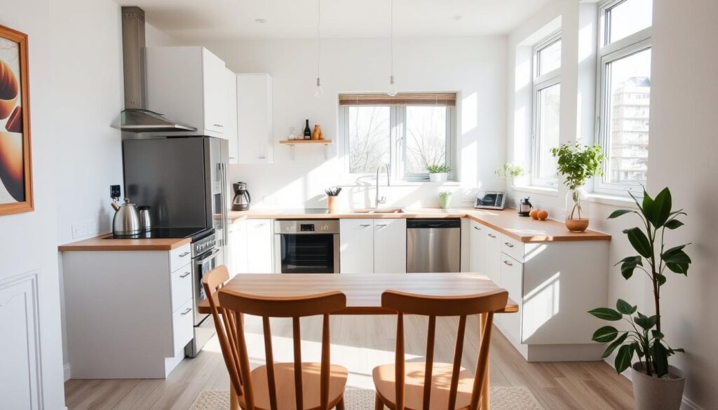 a cozy single-wall kitchen layout in a bright, airy room with large windows letting in natural light, sleek white cabinets and countertops, a modern stainless steel appliance suite, and a simple wooden dining table and chairs in the foreground, creating a functional and visually appealing design that maximizes the limited space a cozy single-wall kitchen layout in a bright, airy room with large windows letting in natural light, sleek white cabinets and countertops, a modern stainless steel appliance suite, and a simple wooden dining table and chairs in the foreground, creating a functional and visually appealing design that maximizes the limited space