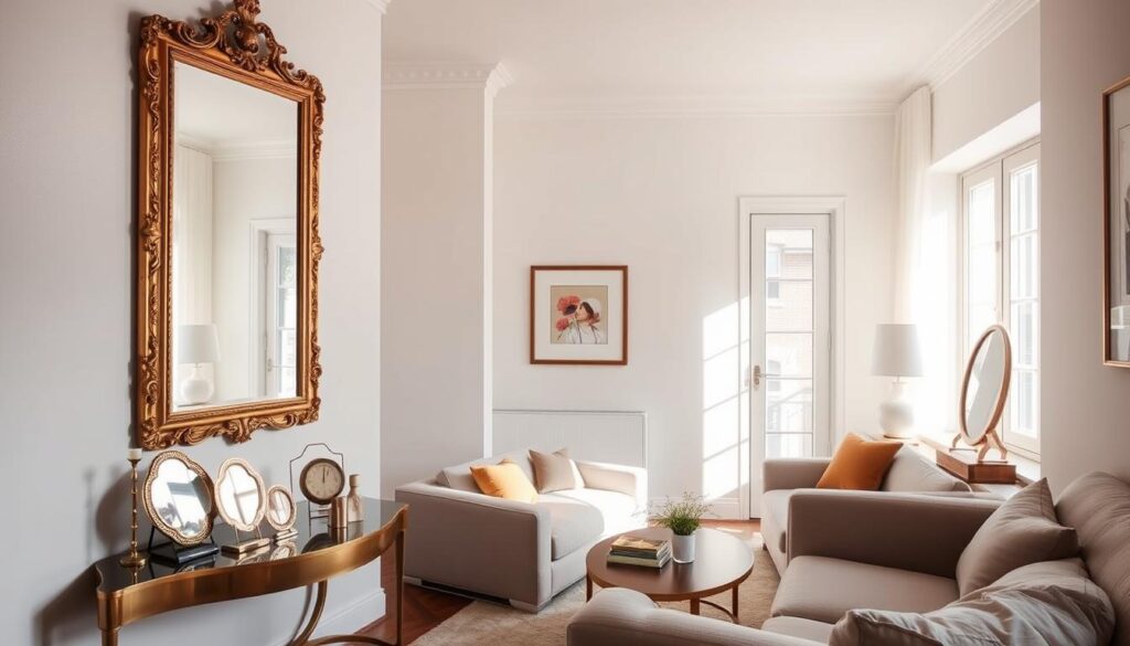 a cozy small living room with a focus on mirrors as a design element. in the foreground, a large wall-mounted mirror with an ornate gold frame reflects the space, creating an illusion of depth. on the side tables, smaller decorative mirrors in various shapes and sizes add visual interest. natural light streams in through large windows, casting a warm, inviting glow throughout the room. the furniture, in neutral tones, creates a minimalist yet elegant aesthetic. the overall mood is one of refinement and effortless sophistication, highlighting how mirrors can transform a compact area into a visually captivating and seemingly more expansive space. a cozy small living room with a focus on mirrors as a design element. in the foreground, a large wall-mounted mirror with an ornate gold frame reflects the space, creating an illusion of depth. on the side tables, smaller decorative mirrors in various shapes and sizes add visual interest. natural light streams in through large windows, casting a warm, inviting glow throughout the room. the furniture, in neutral tones, creates a minimalist yet elegant aesthetic. the overall mood is one of refinement and effortless sophistication, highlighting how mirrors can transform a compact area into a visually captivating and seemingly more expansive space.