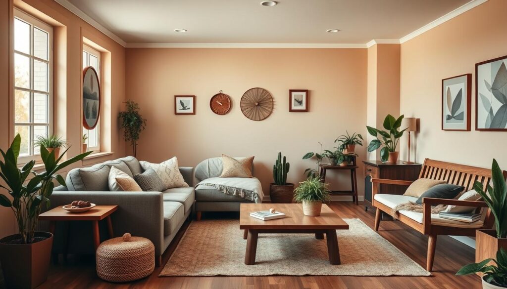 a cozy small living room with warm earthy color palette, natural lighting from large windows, plush seating arrangements, wooden furniture and accents, potted plants, and minimal wall decor to create a serene and inviting atmosphere a cozy small living room with warm earthy color palette, natural lighting from large windows, plush seating arrangements, wooden furniture and accents, potted plants, and minimal wall decor to create a serene and inviting atmosphere