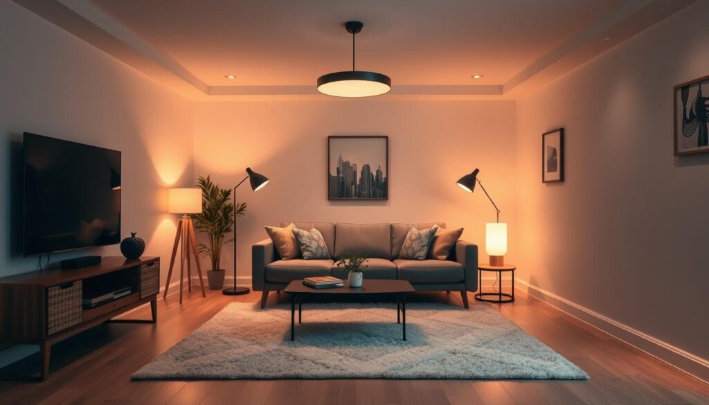 a cozy small living room with warm lighting, featuring a mid-century modern sofa, a plush area rug, and a minimalist coffee table. The room is illuminated by a mix of ambient floor lamps, a sleek pendant light, and recessed ceiling lights, creating a soft, inviting glow. The lighting is carefully positioned to highlight key design elements and create a harmonious, well-lit space. The walls are painted in a neutral tone, allowing the natural light to bounce and create a sense of openness. The overall atmosphere is one of comfort, relaxation, and an elevated yet approachable style. a cozy small living room with warm lighting, featuring a mid-century modern sofa, a plush area rug, and a minimalist coffee table. The room is illuminated by a mix of ambient floor lamps, a sleek pendant light, and recessed ceiling lights, creating a soft, inviting glow. The lighting is carefully positioned to highlight key design elements and create a harmonious, well-lit space. The walls are painted in a neutral tone, allowing the natural light to bounce and create a sense of openness. The overall atmosphere is one of comfort, relaxation, and an elevated yet approachable style.