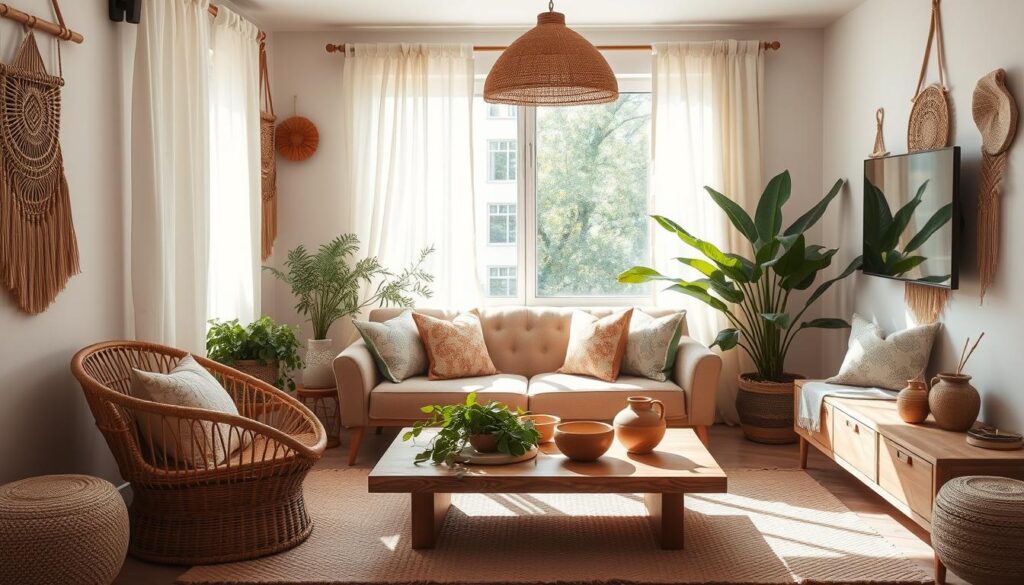 a cozy, sun-dappled boho-style small living room, featuring a plush, tufted sofa adorned with patterned throw pillows, a rattan accent chair, and a low wooden coffee table topped with lush greenery and earth-toned ceramics. Sheer, billowing curtains frame the large window, allowing natural light to pour in. Macrame wall hangings, a woven rug, and a statement pendant light contribute to the relaxed, organic ambiance. The space feels warm, inviting, and in harmony with nature, reflecting the essence of the boho aesthetic. a cozy, sun-dappled boho-style small living room, featuring a plush, tufted sofa adorned with patterned throw pillows, a rattan accent chair, and a low wooden coffee table topped with lush greenery and earth-toned ceramics. Sheer, billowing curtains frame the large window, allowing natural light to pour in. Macrame wall hangings, a woven rug, and a statement pendant light contribute to the relaxed, organic ambiance. The space feels warm, inviting, and in harmony with nature, reflecting the essence of the boho aesthetic.