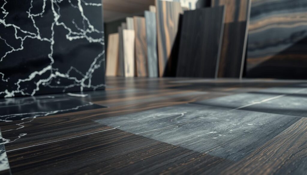 a highly detailed, high-resolution image of various dark flooring materials, showcasing their textures, grains, and tones. The foreground features a close-up view of different samples, including sleek black marble, rich dark oak, and sophisticated charcoal-colored slate. The middle ground shows the materials arranged in an organized, visually appealing layout, allowing the viewer to compare and contrast the different options. The background is softly blurred, creating a sense of depth and focus on the flooring choices. The lighting is natural and slightly dramatic, casting subtle shadows and highlights to emphasize the depth and dimensionality of the materials. The overall mood is elegant, sophisticated, and inspirational, reflecting the high-end nature of the featured dark flooring options. a highly detailed, high-resolution image of various dark flooring materials, showcasing their textures, grains, and tones. The foreground features a close-up view of different samples, including sleek black marble, rich dark oak, and sophisticated charcoal-colored slate. The middle ground shows the materials arranged in an organized, visually appealing layout, allowing the viewer to compare and contrast the different options. The background is softly blurred, creating a sense of depth and focus on the flooring choices. The lighting is natural and slightly dramatic, casting subtle shadows and highlights to emphasize the depth and dimensionality of the materials. The overall mood is elegant, sophisticated, and inspirational, reflecting the high-end nature of the featured dark flooring options.