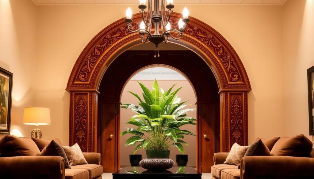 a large, ornate wooden archway in the center of a cozy living room, bathed in warm, diffused lighting from a chandelier overhead. The archway's intricate carved designs and rich, reddish-brown tones stand out against the neutral-colored walls and plush, earthy-toned furnishings. The archway frames a view of a lush, green potted plant in the background, creating a harmonious blend of natural and architectural elements. The scene exudes a sense of timeless elegance and understated luxury, perfectly capturing the essence of a "Unique Materials for Arch Construction" design. a large, ornate wooden archway in the center of a cozy living room, bathed in warm, diffused lighting from a chandelier overhead. The archway's intricate carved designs and rich, reddish-brown tones stand out against the neutral-colored walls and plush, earthy-toned furnishings. The archway frames a view of a lush, green potted plant in the background, creating a harmonious blend of natural and architectural elements. The scene exudes a sense of timeless elegance and understated luxury, perfectly capturing the essence of a "Unique Materials for Arch Construction" design.