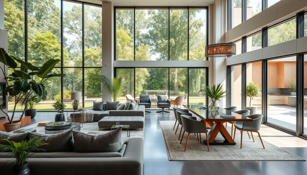 a luxurious and modern living room with an elegant dining area, flooded with natural light from large windows overlooking a lush, green outdoor landscape. the space features high ceilings, plush gray sofas, and a stylish wood and glass dining table surrounded by minimalist chairs. the room is accented with potted plants, natural textures, and warm lighting, creating a serene and inviting atmosphere. the overall design blends contemporary and organic elements, reflecting the latest trends in luxury living room and dining room design. a luxurious and modern living room with an elegant dining area, flooded with natural light from large windows overlooking a lush, green outdoor landscape. the space features high ceilings, plush gray sofas, and a stylish wood and glass dining table surrounded by minimalist chairs. the room is accented with potted plants, natural textures, and warm lighting, creating a serene and inviting atmosphere. the overall design blends contemporary and organic elements, reflecting the latest trends in luxury living room and dining room design.