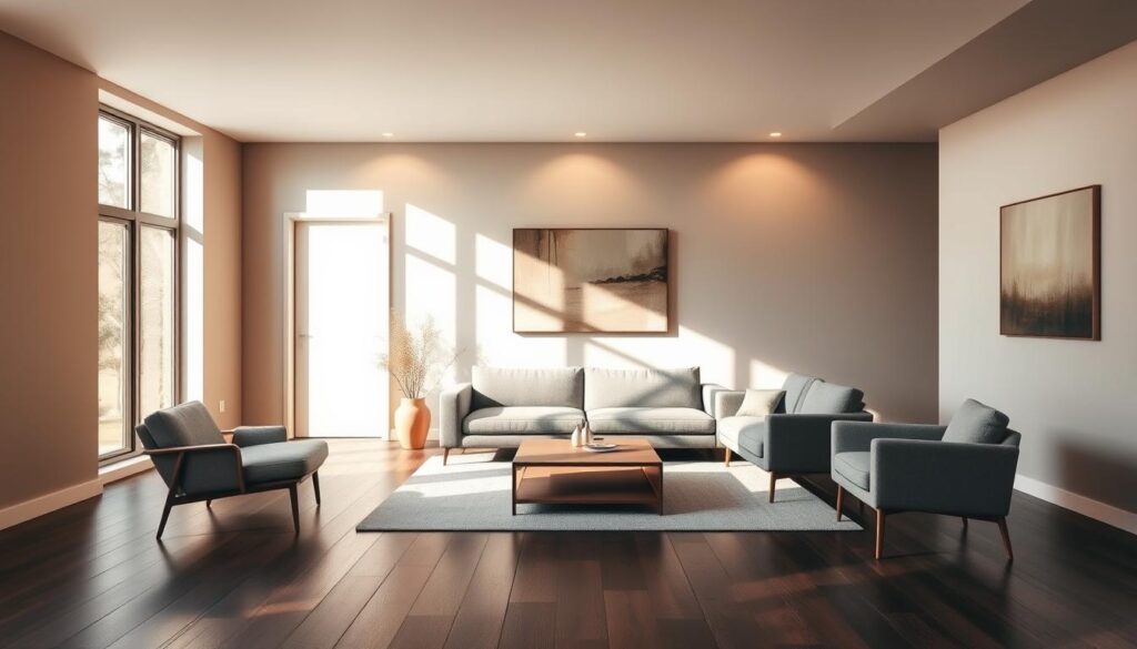 a minimalist living room with dark hardwood floors, sparse modern furniture, and natural light streaming through large windows. the room has a warm, inviting atmosphere with muted earth-tone color palette. the focal point is a plush gray sofa, accompanied by a low rectangular coffee table and a single armchair. the walls are adorned with a single abstract artwork in neutral tones. indirect lighting fixtures cast a soft glow, creating a cozy and serene ambiance. the space exudes a sense of simplicity, comfort, and intentional design. a minimalist living room with dark hardwood floors, sparse modern furniture, and natural light streaming through large windows. the room has a warm, inviting atmosphere with muted earth-tone color palette. the focal point is a plush gray sofa, accompanied by a low rectangular coffee table and a single armchair. the walls are adorned with a single abstract artwork in neutral tones. indirect lighting fixtures cast a soft glow, creating a cozy and serene ambiance. the space exudes a sense of simplicity, comfort, and intentional design.