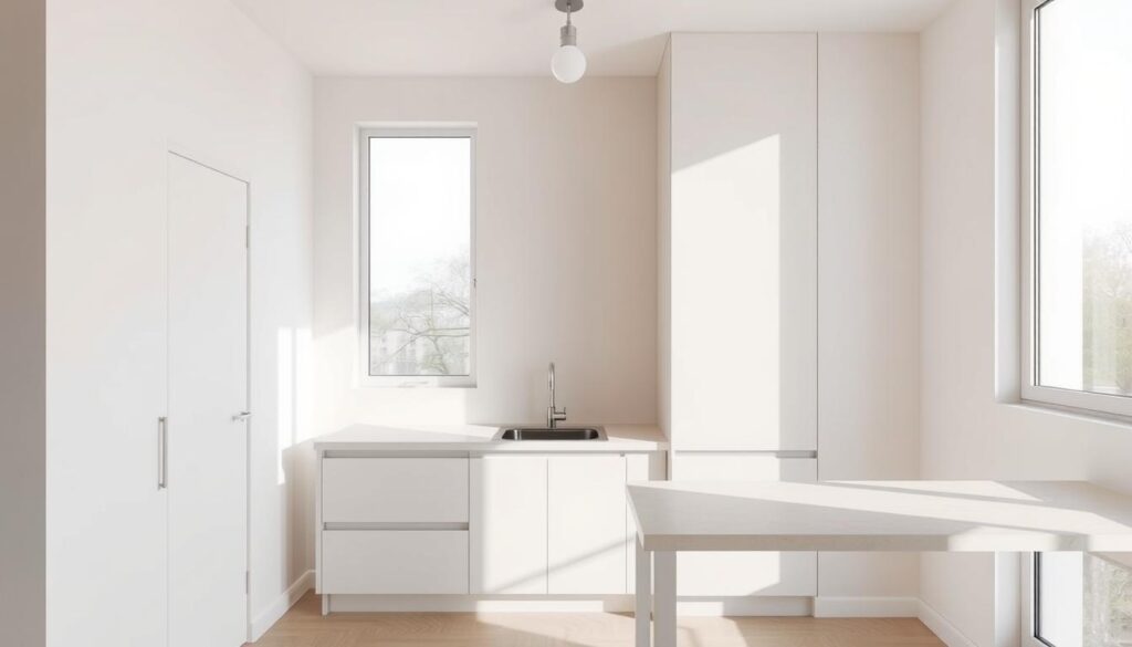 a minimalist micro kitchen design with clean lines, sleek surfaces, and a seamless flow. the kitchen is set in a bright, airy room with large windows flooding the space with natural light. the cabinets are a soft, muted color, perhaps a pale gray or white, creating an illusion of spaciousness. the countertops are a contrasting neutral tone, perhaps a light quartz or marble. a small, integrated sink and a single-handle faucet are the only visible fixtures, keeping the look uncluttered. a single pendant light or track lighting casts a warm, diffused glow over the compact layout. the overall impression is one of efficiency, functionality, and a sense of visual expansion within a limited footprint.