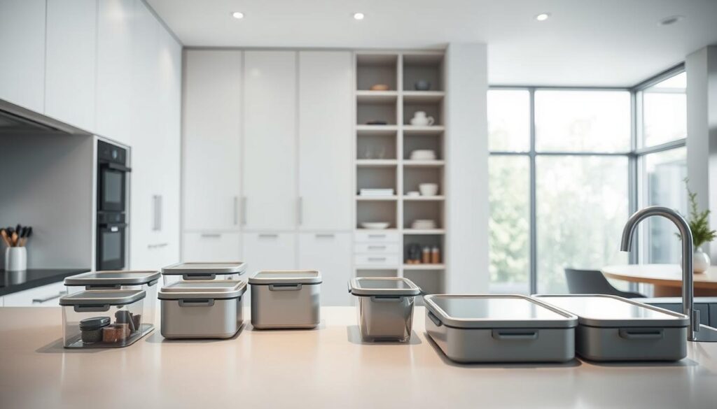 a modern, minimalist kitchen interior with sleek, efficient storage solutions. in the foreground, a series of compact, modular containers and organizers are neatly arranged on a kitchen counter, showcasing clever ways to maximize limited space. the middle ground features a streamlined, built-in wall unit with adjustable shelves and hidden compartments, creating a visually cohesive and clutter-free aesthetic. the background reveals a bright, airy kitchen with natural light filtering in through large windows, complementing the overall clean and functional design. the lighting is soft and diffused, emphasizing the carefully curated storage elements. the mood is one of organization, practicality, and a sense of calm efficiency. a modern, minimalist kitchen interior with sleek, efficient storage solutions. in the foreground, a series of compact, modular containers and organizers are neatly arranged on a kitchen counter, showcasing clever ways to maximize limited space. the middle ground features a streamlined, built-in wall unit with adjustable shelves and hidden compartments, creating a visually cohesive and clutter-free aesthetic. the background reveals a bright, airy kitchen with natural light filtering in through large windows, complementing the overall clean and functional design. the lighting is soft and diffused, emphasizing the carefully curated storage elements. the mood is one of organization, practicality, and a sense of calm efficiency.