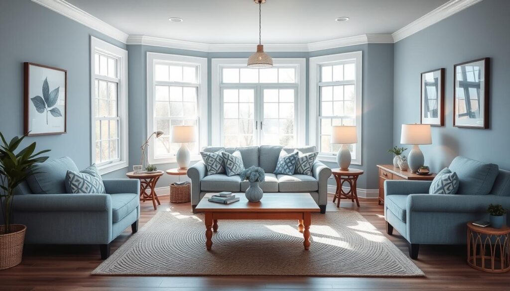 a serene, cozy living room with a soft blue color palette, featuring a plush sofa and armchair arrangement centered around a wooden coffee table, with large windows allowing natural light to flood the space, creating a peaceful, tranquil atmosphere. The walls are painted in a calming blue-gray hue, complemented by decorative accents in shades of blue, such as patterned throw pillows and a woven area rug. Subtle lighting from table lamps and a pendant fixture casts a warm glow, enhancing the relaxing ambiance. The room is styled with a mix of natural elements, including a potted plant and framed nature-inspired artwork, conveying a sense of harmony and balance. a serene, cozy living room with a soft blue color palette, featuring a plush sofa and armchair arrangement centered around a wooden coffee table, with large windows allowing natural light to flood the space, creating a peaceful, tranquil atmosphere. The walls are painted in a calming blue-gray hue, complemented by decorative accents in shades of blue, such as patterned throw pillows and a woven area rug. Subtle lighting from table lamps and a pendant fixture casts a warm glow, enhancing the relaxing ambiance. The room is styled with a mix of natural elements, including a potted plant and framed nature-inspired artwork, conveying a sense of harmony and balance.