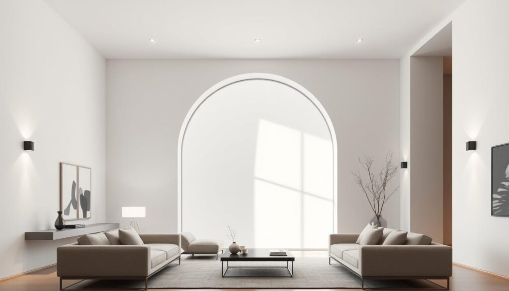 a sleek, minimalist modern living room interior with a large, dramatic arched window or alcove that floods the space with natural light. The arch features clean, minimalist lines and a contemporary design, accentuated by strategically placed lighting fixtures that cast a warm, inviting glow throughout the room. The living area is furnished with modern, low-profile sofas and chairs in neutral tones, complemented by a statement coffee table and minimalist decor. The overall atmosphere is one of understated elegance and tranquility, creating a harmonious and visually striking lighting solution for the architectural feature. a sleek, minimalist modern living room interior with a large, dramatic arched window or alcove that floods the space with natural light. The arch features clean, minimalist lines and a contemporary design, accentuated by strategically placed lighting fixtures that cast a warm, inviting glow throughout the room. The living area is furnished with modern, low-profile sofas and chairs in neutral tones, complemented by a statement coffee table and minimalist decor. The overall atmosphere is one of understated elegance and tranquility, creating a harmonious and visually striking lighting solution for the architectural feature.