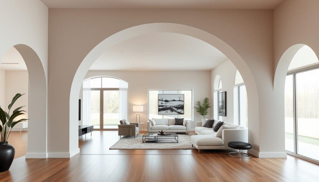 a sleek, modern living room interior with an elegant archway design. the arch is made of smooth, minimalist curves, framing the space and creating a focal point. the room has a bright, airy feel with large windows that let in ample natural light. the furniture is stylish and understated, with clean lines and neutral colors that complement the arch. soft, diffused lighting illuminates the space, creating a warm and inviting atmosphere. the flooring is a polished hardwood that reflects the light, and the walls are a calming, neutral shade. the overall aesthetic is one of sophistication and simplicity, showcasing the beauty of the architectural arch feature. a sleek, modern living room interior with an elegant archway design. the arch is made of smooth, minimalist curves, framing the space and creating a focal point. the room has a bright, airy feel with large windows that let in ample natural light. the furniture is stylish and understated, with clean lines and neutral colors that complement the arch. soft, diffused lighting illuminates the space, creating a warm and inviting atmosphere. the flooring is a polished hardwood that reflects the light, and the walls are a calming, neutral shade. the overall aesthetic is one of sophistication and simplicity, showcasing the beauty of the architectural arch feature.