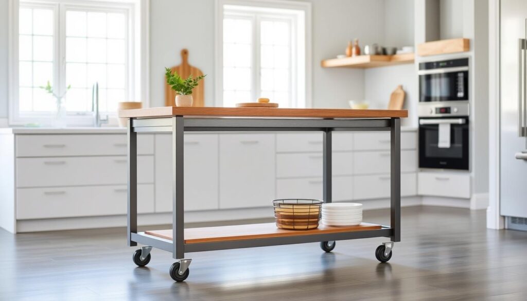 a sleek, modern portable kitchen island with a sturdy wooden top and a minimalist metal frame, situated in a bright, airy kitchen with natural light streaming in through large windows. the island has wheels for easy mobility, allowing for flexible positioning and configuration to suit the user's needs. the clean, contemporary design blends seamlessly with the kitchen's neutral color palette, creating a cohesive and functional space. the island is styled with a few carefully selected kitchen essentials, such as a cutting board and a small potted herb, hinting at its versatility as both a prep surface and a casual dining area. a sleek, modern portable kitchen island with a sturdy wooden top and a minimalist metal frame, situated in a bright, airy kitchen with natural light streaming in through large windows. the island has wheels for easy mobility, allowing for flexible positioning and configuration to suit the user's needs. the clean, contemporary design blends seamlessly with the kitchen's neutral color palette, creating a cohesive and functional space. the island is styled with a few carefully selected kitchen essentials, such as a cutting board and a small potted herb, hinting at its versatility as both a prep surface and a casual dining area.