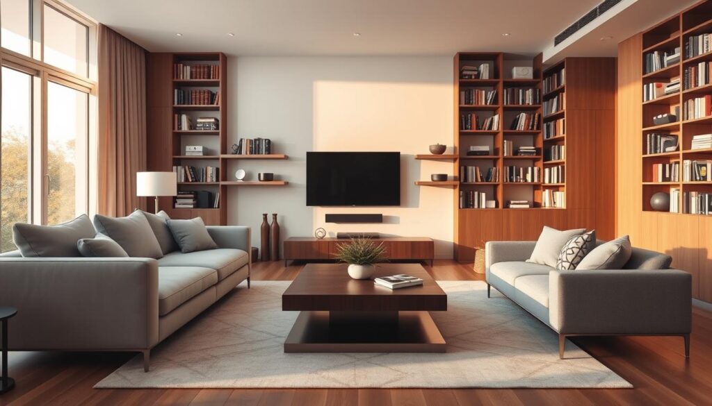 a sophisticated and stylish living room with a minimalist yet high-tech aesthetic. the room is bathed in warm, natural lighting from large windows, casting a cozy glow over the space. in the foreground, a modular sofa with clean lines and plush upholstery sits atop a sleek, low-profile coffee table made of dark wood and brushed metal. behind it, a wall-mounted tv seamlessly blends into the decor, surrounded by floating shelves displaying smart home devices and decorative accents. the middle ground features a large area rug with a geometric pattern, adding texture and visual interest. in the background, floor-to-ceiling bookshelves line the walls, filled with a curated collection of books and smart home hubs, creating a sense of intellectual and technological sophistication. the overall mood is one of refined elegance and effortless functionality. a sophisticated and stylish living room with a minimalist yet high-tech aesthetic. the room is bathed in warm, natural lighting from large windows, casting a cozy glow over the space. in the foreground, a modular sofa with clean lines and plush upholstery sits atop a sleek, low-profile coffee table made of dark wood and brushed metal. behind it, a wall-mounted tv seamlessly blends into the decor, surrounded by floating shelves displaying smart home devices and decorative accents. the middle ground features a large area rug with a geometric pattern, adding texture and visual interest. in the background, floor-to-ceiling bookshelves line the walls, filled with a curated collection of books and smart home hubs, creating a sense of intellectual and technological sophistication. the overall mood is one of refined elegance and effortless functionality.