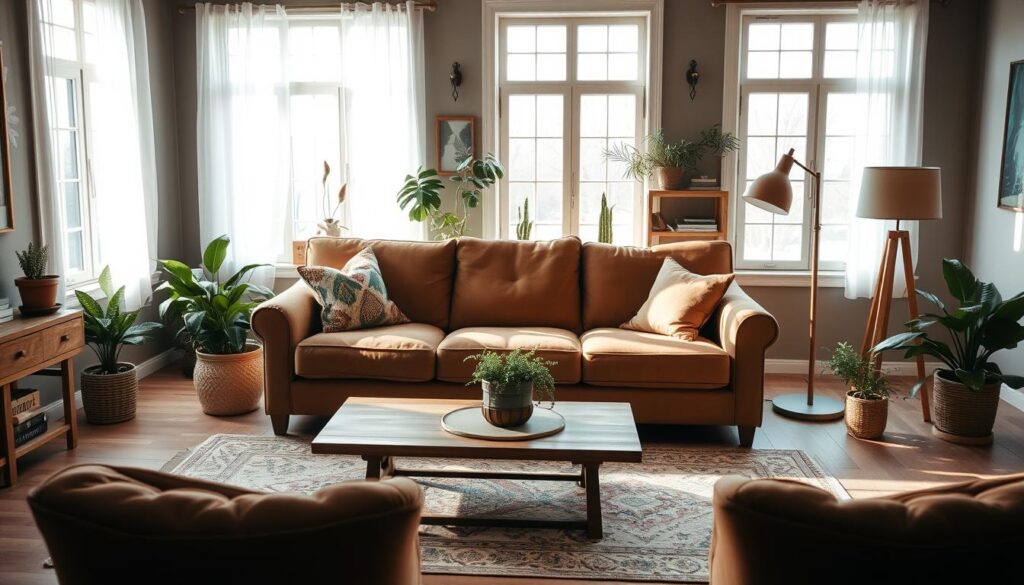 a warm, inviting living room with a large, plush brown couch placed prominently in the center, bathed in natural light streaming through a large window. The couch is surrounded by a mix of modern and rustic decor elements, including a wooden coffee table, a stylish floor lamp, and a few potted plants. The room has a cozy, earthy color palette with touches of green and neutral tones. The lighting is soft and diffused, creating a serene and relaxing atmosphere. The camera angle is slightly elevated, capturing the entire room in a balanced, symmetrical composition.