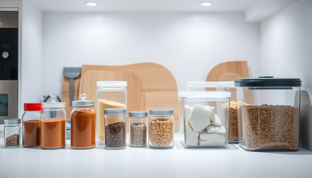 a well-lit kitchen countertop with an assortment of clear glass or plastic storage containers, arranged neatly and evenly spaced, showcasing their contents. The containers have a range of sizes, from small spice jars to larger containers for dry goods. The lighting is soft and even, creating a clean, minimalist atmosphere that highlights the transparency of the containers. The background is slightly blurred, keeping the focus on the organized and visually appealing display of the storage solutions. The image conveys a sense of order, efficiency, and the ability to easily identify the contents of each container.
