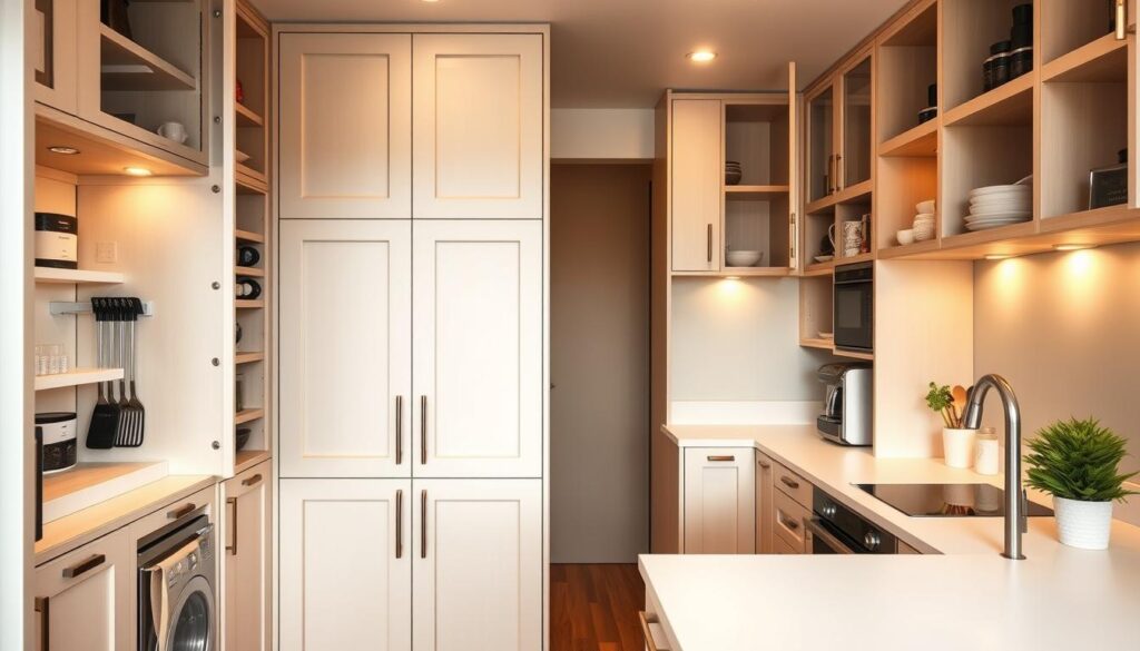 a well-organized small kitchen with clever storage solutions, a minimalist aesthetic, and warm lighting. in the foreground, a series of customized cabinet doors with innovative designs, including hidden compartments, pull-out shelves, and magnetic strips for holding utensils. the middle ground features a sleek, white countertop with a few carefully placed kitchen essentials, like a modern coffee maker and a potted plant. the background showcases the kitchen's clean lines, with a mix of open shelving and closed cabinets, all illuminated by subtle, recessed lighting that creates a cozy, inviting atmosphere. a well-organized small kitchen with clever storage solutions, a minimalist aesthetic, and warm lighting. in the foreground, a series of customized cabinet doors with innovative designs, including hidden compartments, pull-out shelves, and magnetic strips for holding utensils. the middle ground features a sleek, white countertop with a few carefully placed kitchen essentials, like a modern coffee maker and a potted plant. the background showcases the kitchen's clean lines, with a mix of open shelving and closed cabinets, all illuminated by subtle, recessed lighting that creates a cozy, inviting atmosphere.