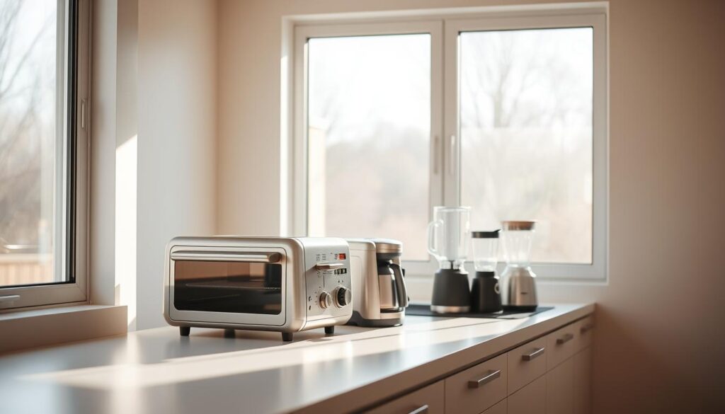 compact kitchen appliances in a modern, minimalist kitchen setting, arranged neatly on a sleek, white countertop. The appliances include a small, stainless steel toaster oven, a compact coffee maker, and a diminutive blender, all with clean lines and a muted color palette. The kitchen is flooded with warm, natural light from large windows, casting gentle shadows and highlighting the smooth, uncluttered surfaces. The overall atmosphere is one of efficiency and simplicity, perfectly suited for a small-space kitchen.