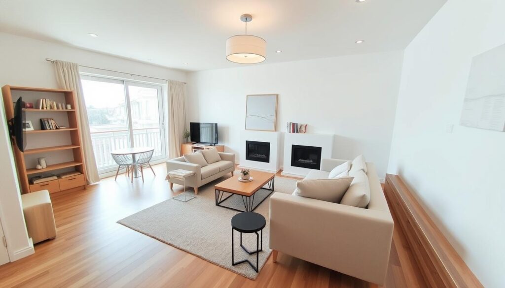 compact living room with minimalist furniture arrangement, cozy and bright atmosphere, wide-angle view showing strategic placement of sofa, armchair, coffee table, and shelving unit, natural lighting from large window, warm-toned hardwood flooring, neutral color palette of whites, grays, and light wood tones, modern and elegant design aesthetic, clean lines and uncluttered layout, focal point on statement lighting fixture or artwork above fireplace, sense of openness and flow through the space