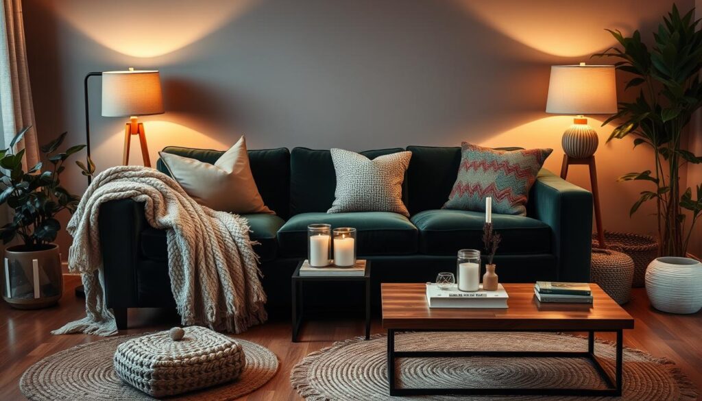 cozy living room with dark green velvet couch cozy living room with dark green velvet couch