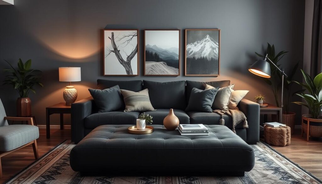 dark charcoal couch living room decor