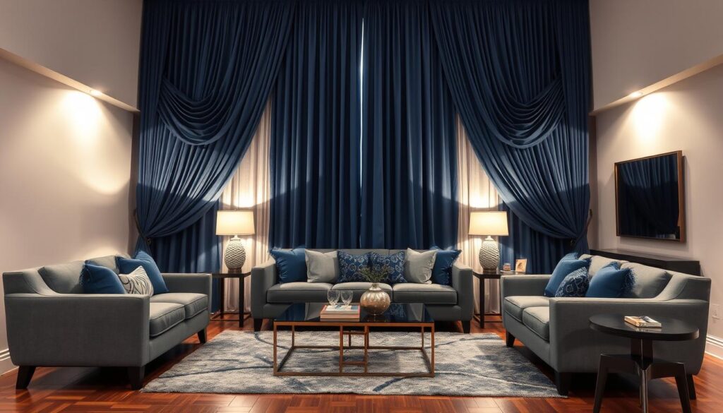 dramatic blue drapes and gray furniture dramatic blue drapes and gray furniture