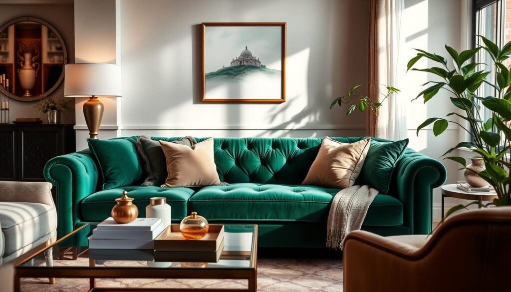 emerald green velvet couch