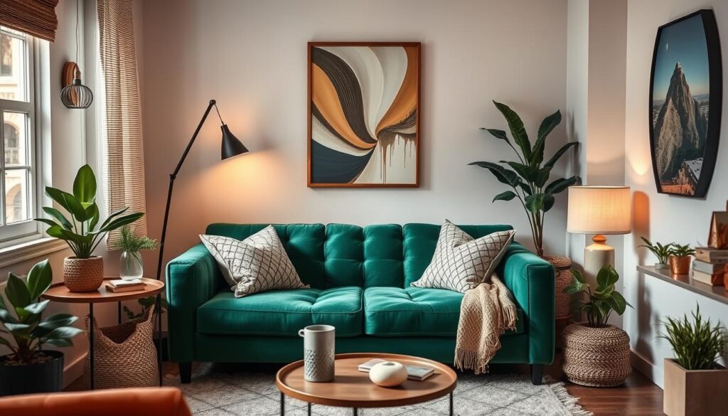 emerald green velvet couch in small living room
