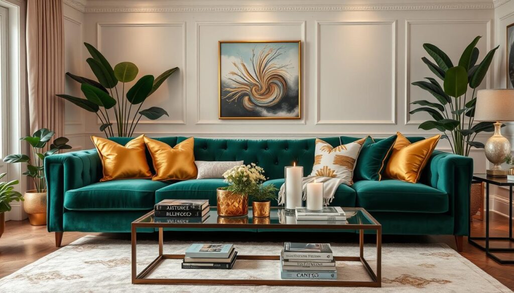 emerald green velvet couch styling