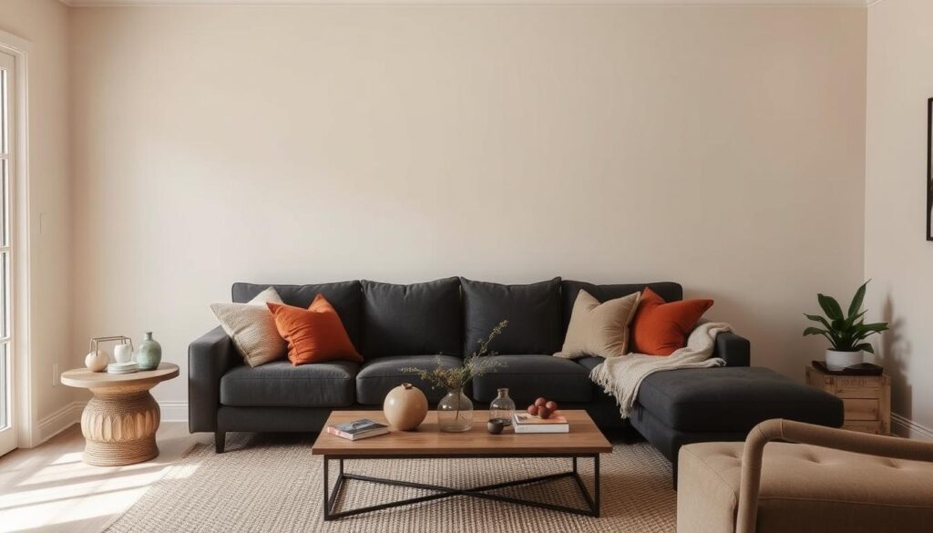 greige walls with dark grey couch