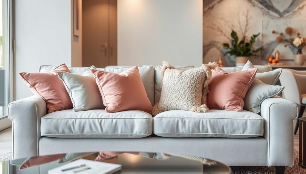 grey couch with colorful pillows
