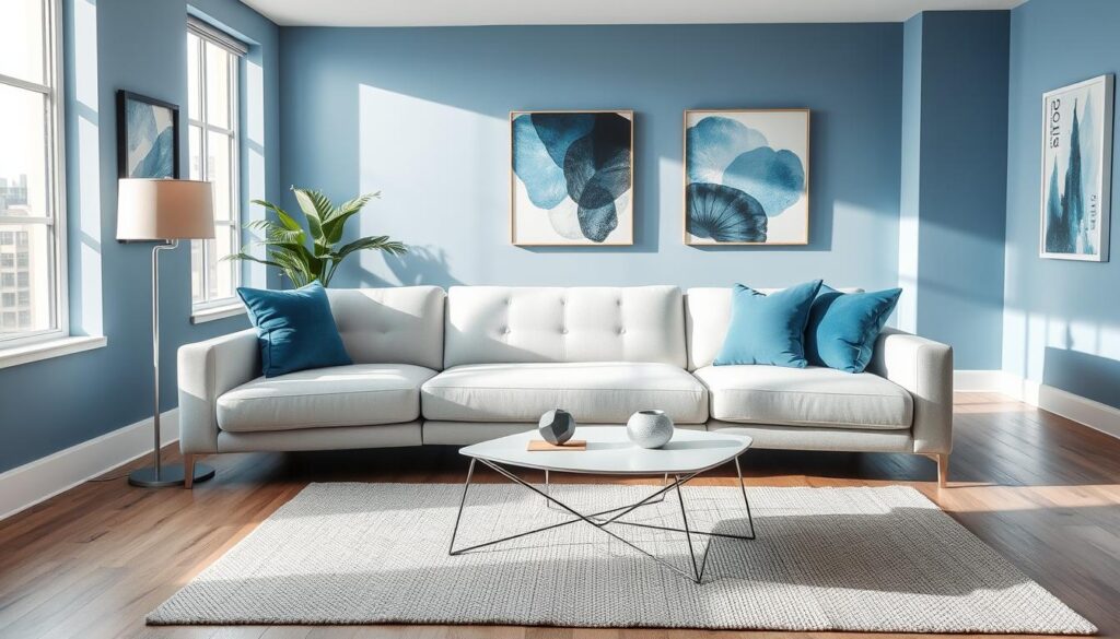 light grey couch in blue-toned modern living room