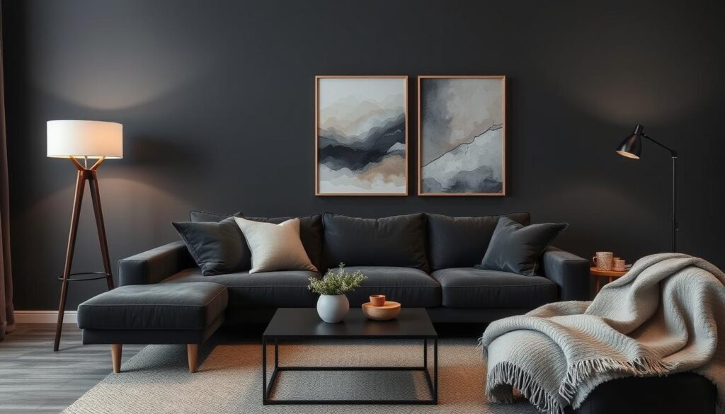 moody grey walls with dark grey sofa