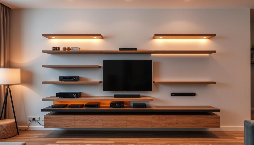 wall-mounted entertainment solutions, sleek and modern design with floating shelves, minimalist floating TV unit, LED accent lighting, natural wood and matte black finishes, clean lines and balanced symmetry, warm ambient lighting, high-tech media equipment seamlessly integrated, optimal cable management, sophisticated and clutter-free living space, wide-angle shot capturing the entire setup, sharp focus and high-resolution detail