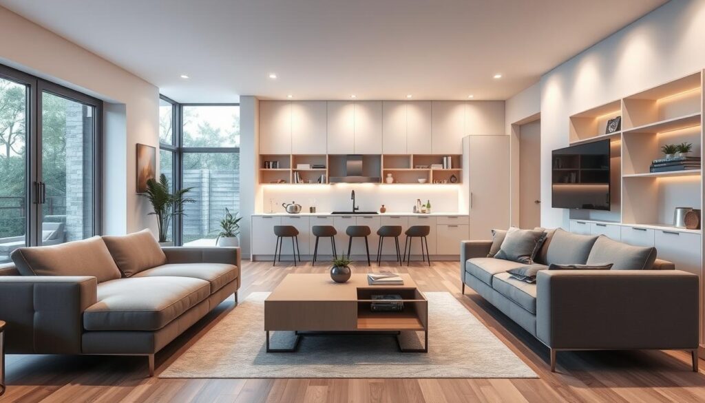 A modern, minimalist living room with a highly functional, multi-purpose furniture arrangement. In the foreground, a sleek, modular couch that doubles as a chaise lounge and daybed. In the middle ground, a versatile coffee table with hidden storage compartments. Recessed lighting casts a warm, ambient glow, while large windows allow natural light to flood the space. The background features clean-lined shelving units that seamlessly integrate storage, display, and workspace solutions. The overall mood is one of sophisticated, space-saving design that caters to the needs of a small, open-concept living area.
