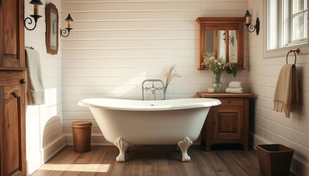 A beautifully lit, rustic country bathroom with a vintage-inspired claw-foot tub taking center stage. Warm, soft lighting from antique-style wall sconces casts a cozy glow, complementing the weathered wood vanity and towel racks. Delicate floral accents, such as a vase of fresh wildflowers, add a touch of elegant femininity. The scene is framed by simple white subway tiles, creating a clean, airy backdrop that enhances the charming, lived-in atmosphere. Muted earth tones and natural textures blend seamlessly, evoking a sense of timeless, effortless French country style.