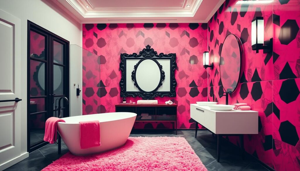 A bold and vibrant bathroom decor with a striking contrast of pink and black accents. The foreground features a modern freestanding bathtub with a sleek, minimalist design, complemented by a plush pink rug and matching towels. The middle ground showcases a large, ornate black-framed mirror, creating a dramatic focal point. The background is adorned with bold pink and black geometric wall tiles, exuding a contemporary and stylish ambiance. The lighting is a combination of soft, diffused overhead lighting and sleek, angular sconces that cast a warm, inviting glow throughout the space. The entire scene is captured through a wide-angle lens, emphasizing the spaciousness and luxurious feel of this DIY-inspired bathroom.