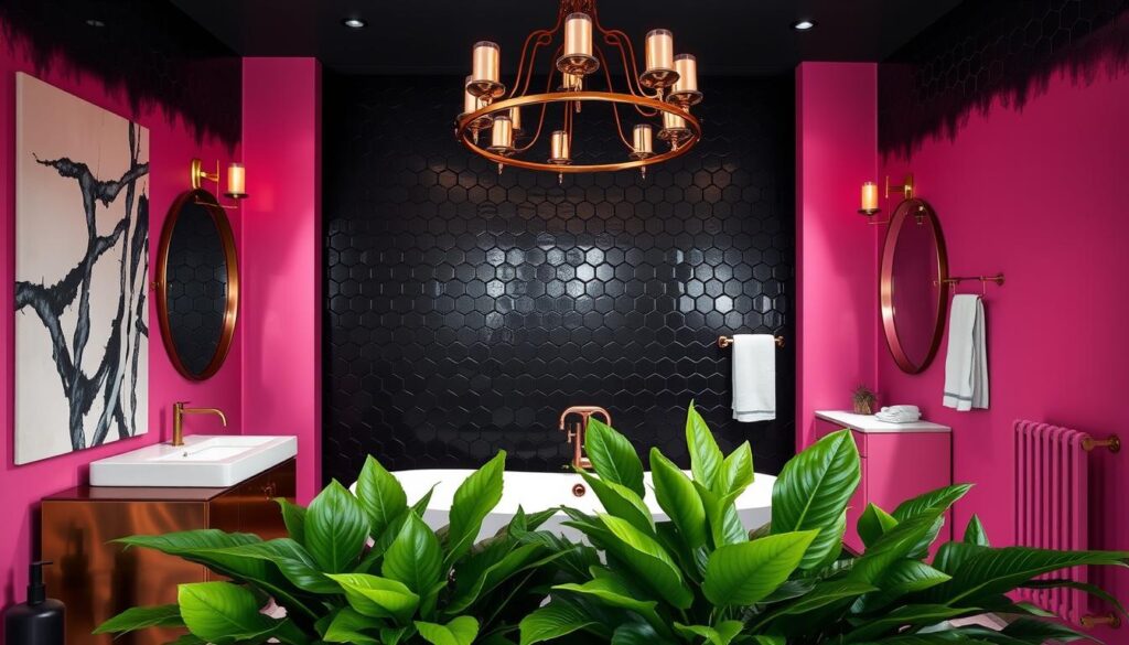 A bold, modern bathroom adorned with a striking black and pink color scheme. The focal point is a statement-making free-standing bathtub, its sleek, geometric silhouette commanding attention. Overhead, a dramatic chandelier casts a warm, moody glow, while black hexagonal tiles line the walls, creating a chic, minimalist backdrop. Lush, green foliage in the foreground adds a touch of natural elegance, while metallic accents, such as a gleaming gold vanity and towel racks, lend a touch of glamour. The overall atmosphere is one of bold, sophisticated style, perfectly suited for a luxurious, spa-like experience.