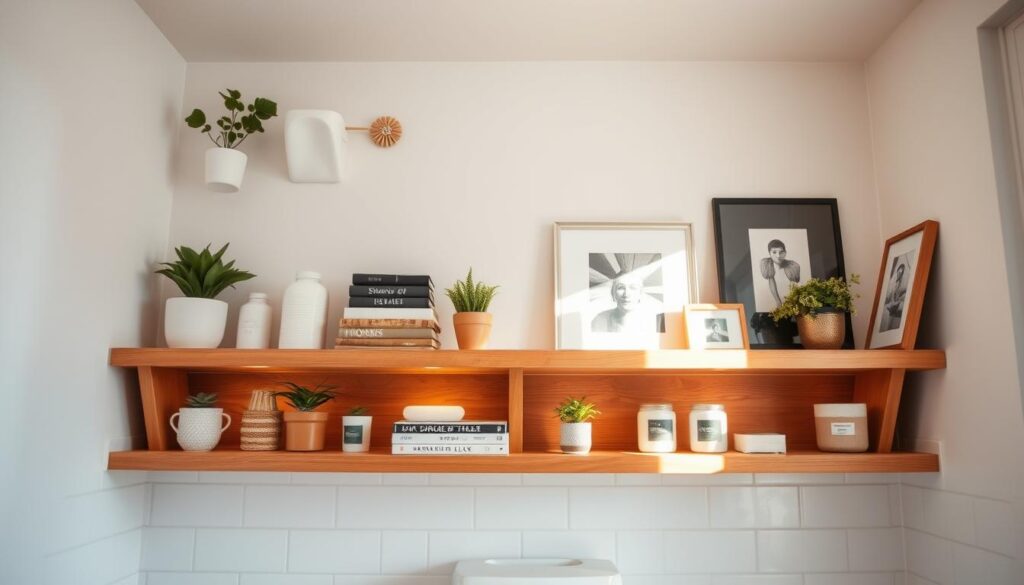 A bright, airy bathroom interior with a wooden shelving unit above the toilet. The shelves are adorned with a variety of decorative items, such as potted plants, ceramic jars, stacked books, and a few framed artwork pieces. Soft, warm lighting illuminates the scene, creating a cozy and inviting atmosphere. The shelves are arranged in a visually pleasing manner, with items of varying heights and textures creating a sense of balance and harmony. The overall look is both functional and aesthetically pleasing, showcasing a thoughtful approach to bathroom shelf decor.