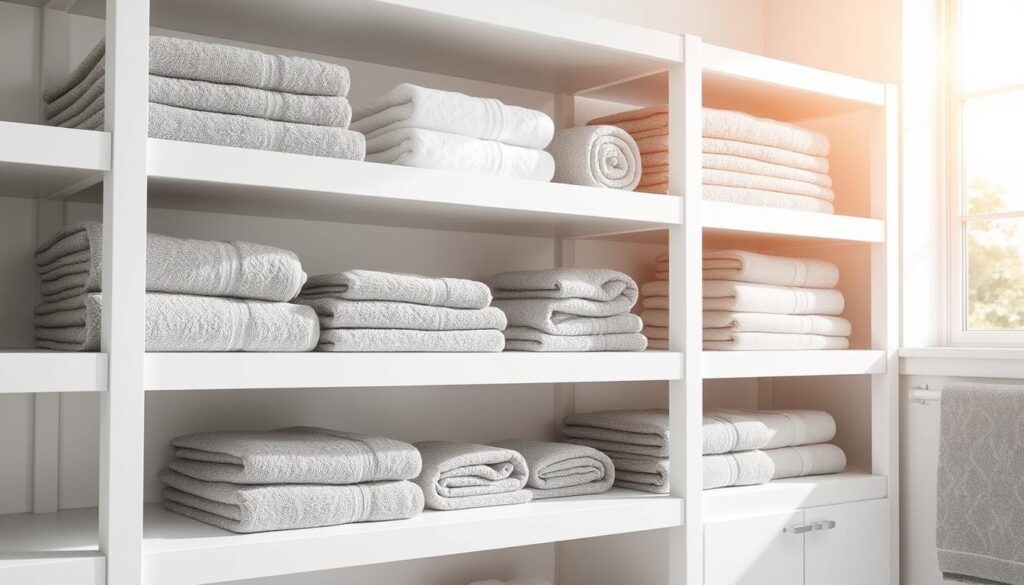 A bright, airy bathroom shelving unit, its sleek white shelves displaying an array of plush, freshly laundered towels and linens. The towels, in a calming palette of soft grays and creams, are neatly folded and arranged, creating a visually appealing and inviting display. Sunlight streams in through a nearby window, casting a warm, natural glow over the scene. The shelving unit is made of high-quality wood, its clean lines and minimalist design complementing the serene, spa-like atmosphere of the space. The overall effect is one of order, tranquility, and a sense of refined sophistication, perfectly capturing the essence of "Displaying Towels and Linens" in a beautifully curated bathroom setting.