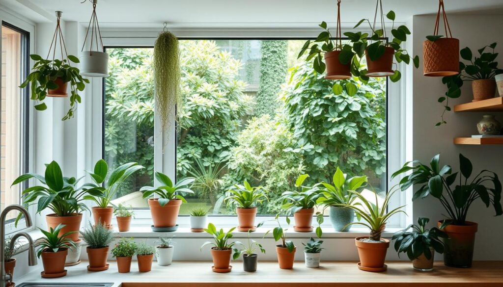A bright, airy kitchen interior with a large window overlooking a lush, verdant courtyard. Potted plants of various sizes and species are artfully arranged on the kitchen counter, windowsill, and hanging from the ceiling, creating a harmonious integration of nature and living space. Soft, diffused natural light filters in, casting gentle shadows and highlights on the greenery. The scene exudes a calming, rejuvenating atmosphere, embodying the essence of "Bring in Natural Elements" for a small yet welcoming kitchen and dining area. A bright, airy kitchen interior with a large window overlooking a lush, verdant courtyard. Potted plants of various sizes and species are artfully arranged on the kitchen counter, windowsill, and hanging from the ceiling, creating a harmonious integration of nature and living space. Soft, diffused natural light filters in, casting gentle shadows and highlights on the greenery. The scene exudes a calming, rejuvenating atmosphere, embodying the essence of "Bring in Natural Elements" for a small yet welcoming kitchen and dining area.