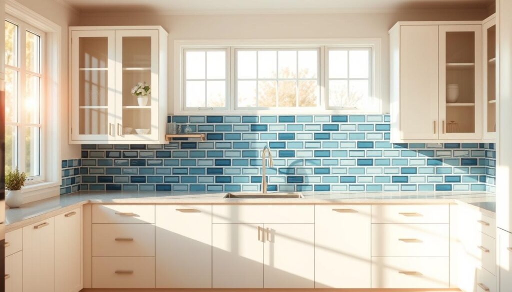 A bright, airy kitchen with a DIY backsplash taking center stage. The backsplash features a mosaic of glossy subway tiles in various shades of blue, creating a calming and cohesive focal point. The tiles are arranged in a herringbone pattern, adding visual interest and a touch of modern elegance. The kitchen is flooded with natural light from large windows, casting a warm, golden glow over the space. Sleek, white cabinets and countertops provide a clean, minimalist backdrop, allowing the backsplash to truly shine. The overall atmosphere is one of simplicity, functionality, and a touch of DIY charm.