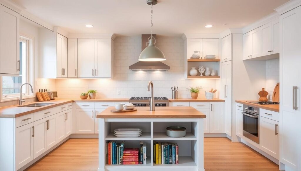 A bright, airy kitchen with a focus on optimizing counter space. Sleek, white cabinets line the walls, accented by natural wood countertops. A minimalist backsplash in a subdued tile pattern adds visual interest. The central island features additional workspace and storage, with open shelving below showcasing decorative ceramics and cookbooks. Indirect lighting from recessed fixtures and a pendant lamp over the island creates a warm, inviting ambiance. The overall aesthetic is modern, efficient, and budget-friendly, perfect for a small kitchen makeover.