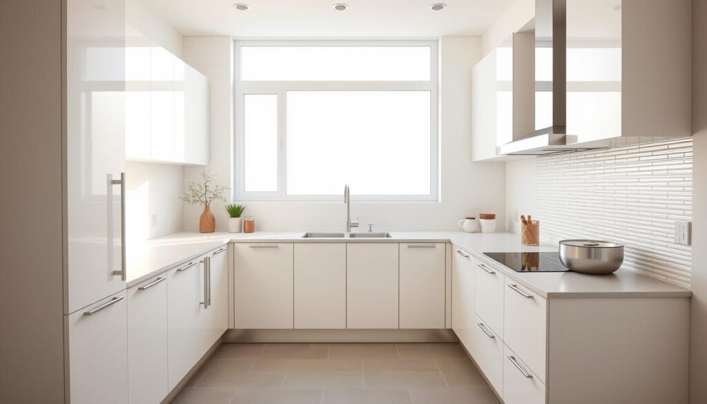 A bright, modern L-shaped kitchen design with clean lines and minimalist aesthetic. The foreground features sleek, handleless cabinets in a soothing neutral palette, complemented by a spacious, quartz-topped countertop. In the middle ground, a large window floods the space with natural light, casting a warm, even glow. The background showcases a minimalist tile backsplash, subtly textured to add visual interest. The overall composition emphasizes efficient use of space, with a focus on functionality and streamlined design. Captured from a slightly elevated angle, the image conveys a sense of balance and harmony within a compact, well-designed layout.