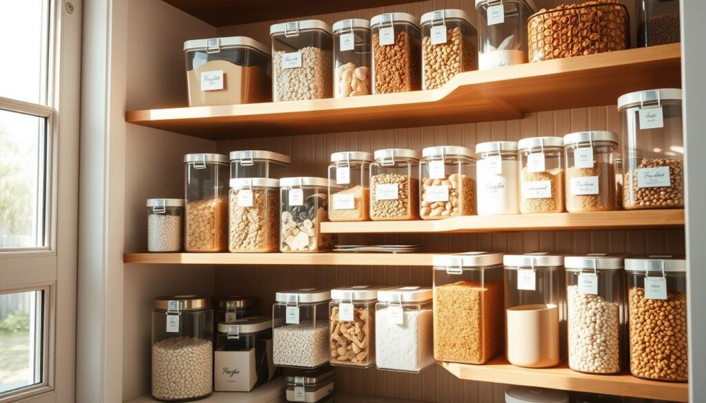 A brightly lit kitchen pantry with an assortment of stylish, transparent storage containers neatly arranged on wooden shelves. The containers feature minimalist designs in a variety of shapes and sizes, showcasing the contents within. Soft, natural lighting filters through the windows, casting a warm glow over the well-organized space. The containers are meticulously labeled with elegant, handwritten tags, creating a cohesive and visually appealing display. A sense of order and functionality permeates the scene, inspiring ideas for maximizing small kitchen storage through creative container solutions.