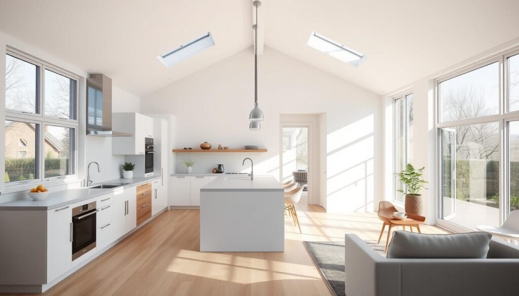 A contemporary small kitchen layout with an abundance of natural light streaming through large windows and skylights. The spacious, airy interior features minimalist white cabinetry, sleek quartz countertops, and a centrally-positioned kitchen island. Subtle wood accents, such as the flooring and pendant lights, add warmth to the otherwise modern aesthetic. The generous fenestration provides ample daylight, creating a bright and inviting atmosphere. Carefully-placed task lighting supplements the natural illumination, ensuring a balanced, functional workspace. The kitchen's open floor plan seamlessly integrates with an adjacent living area, fostering a cohesive, cohesive living environment.