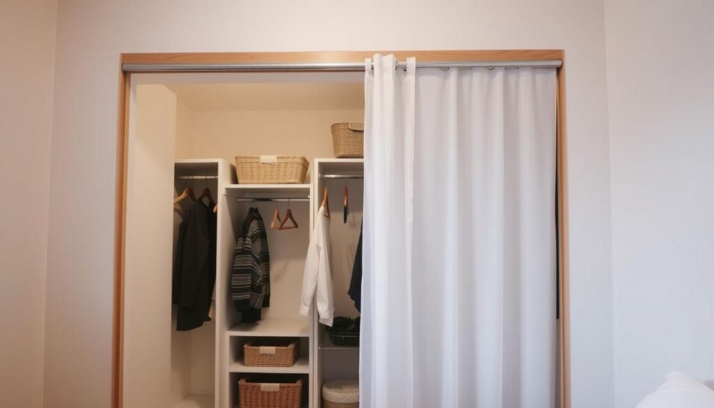 A cozy DIY closet design with a stylish curtain divider. A minimalist wooden closet frame in the foreground, with a sheer white curtain cascading from a sleek curtain rod. Soft, diffused lighting illuminates the scene, casting a warm, inviting glow. In the middle ground, various storage solutions like shelves, hangers, and baskets add functionality and visual interest. The background features a neutral-toned wall, accentuating the natural textures and materials. An atmosphere of simple elegance and practical organization, perfect for a small bedroom.